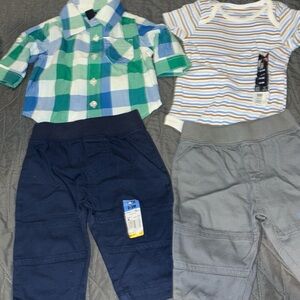 4 NWT boys 0-3 gray & blue pants, plaid long sleeve shirt and striped body suit